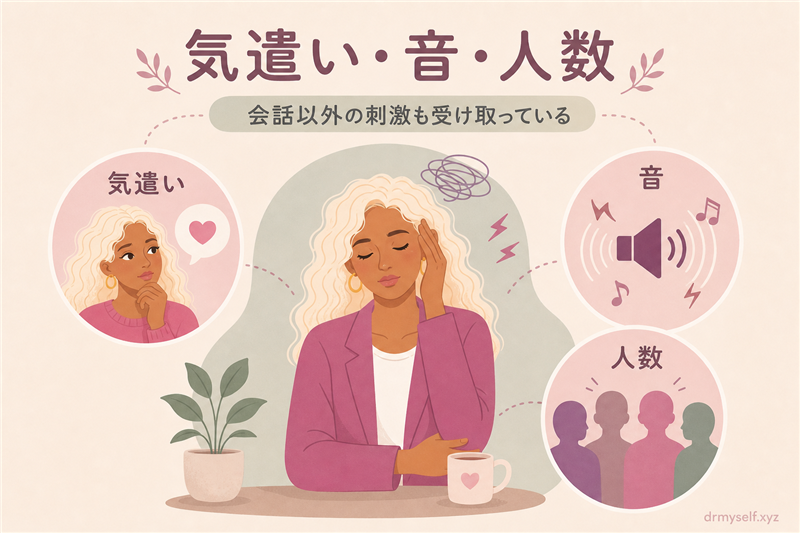 人に会う疲れにつながる気遣い・音・人数の刺激を示す図解