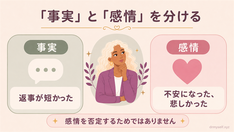 返事が短かったという事実と不安や悲しさという感情を分ける比較図