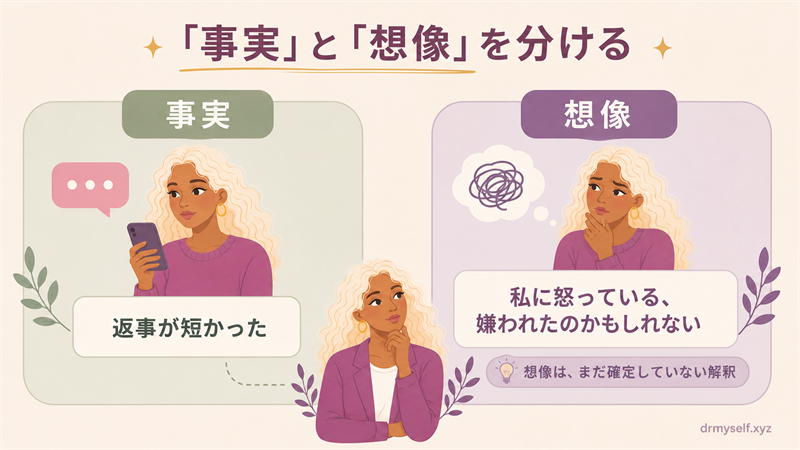 返事が短かったという事実と怒っているかもしれないという想像を分ける比較図