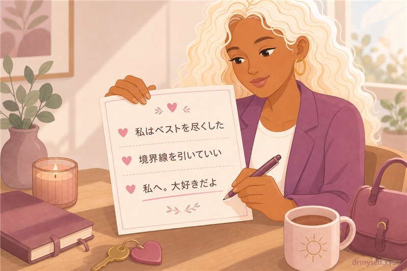 外出前に自分を安心させる三つの言葉を書いたメモのイラスト