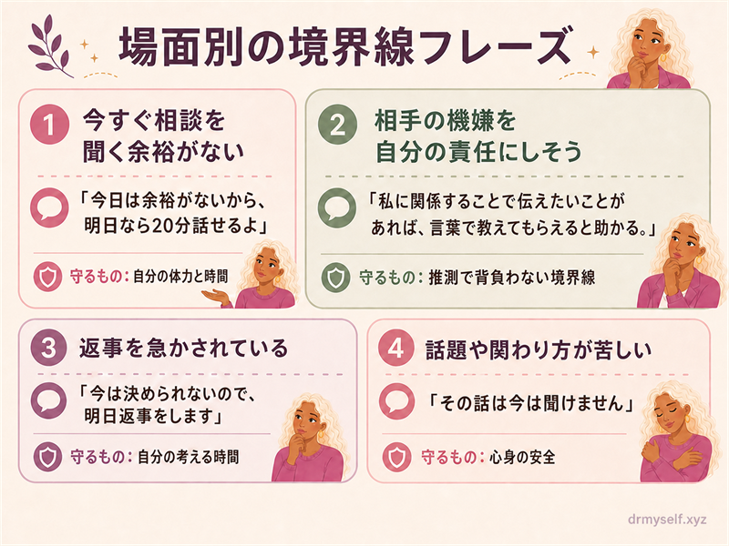 4つの場面で使える境界線フレーズと守れるものの比較表