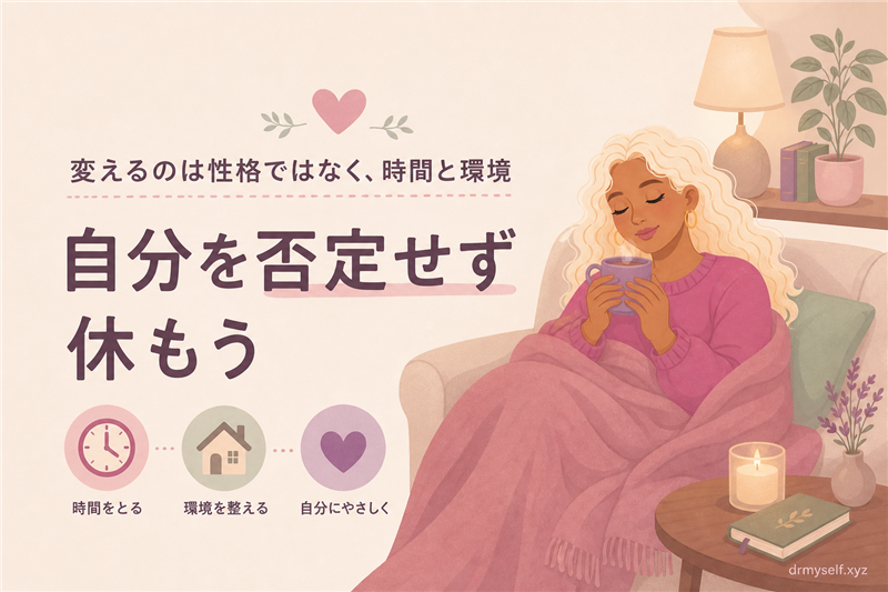 自分を否定せず時間と環境を整えて休む女性のイラスト